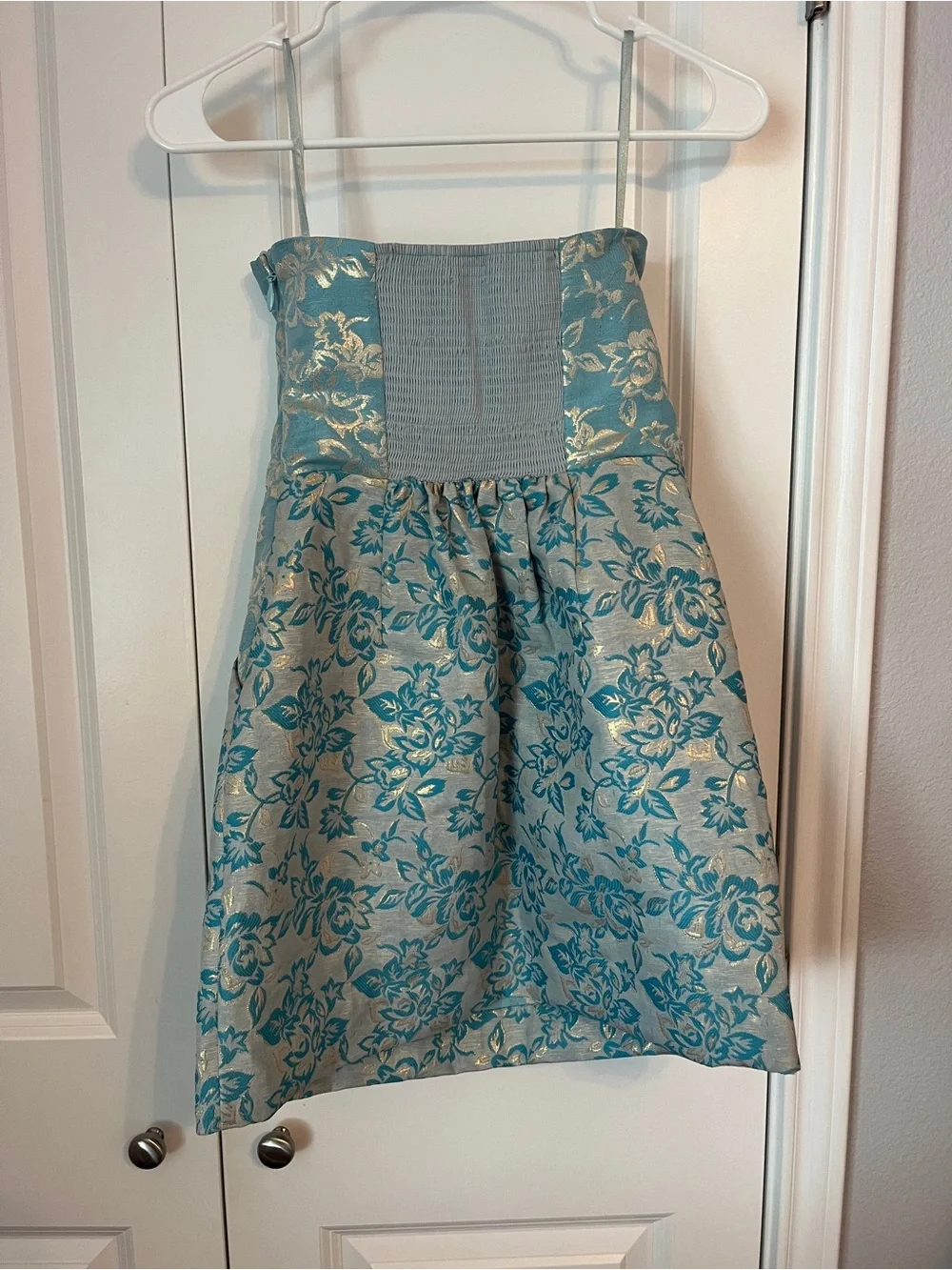 Kimchi Blue Teal and Gold Floral Strapless Dress